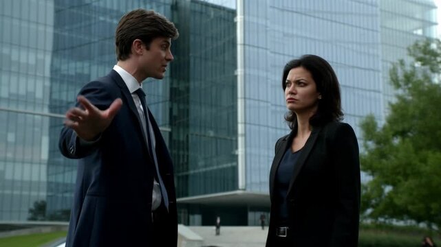 Two individuals engaged in an intense discussion against the backdrop of a modern building. One is gesturing emphatically while the other listens with a serious expression. Stock Video