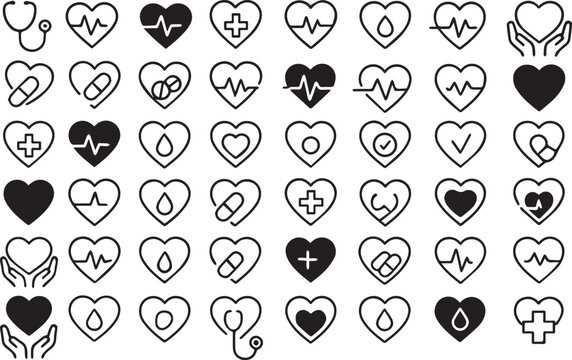 Health and Love Icons Collection: Pulse, Life, and Cardiovascular Wellness