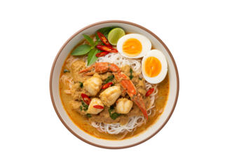 Thai Rice Noodles served with Crab Curry and a boiled egg on a white backdrop
