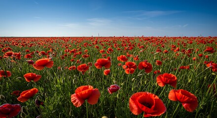 Fototapeta premium Vibrant Red Poppy Field Under a Clear Blue Sky on a Sunny Day.