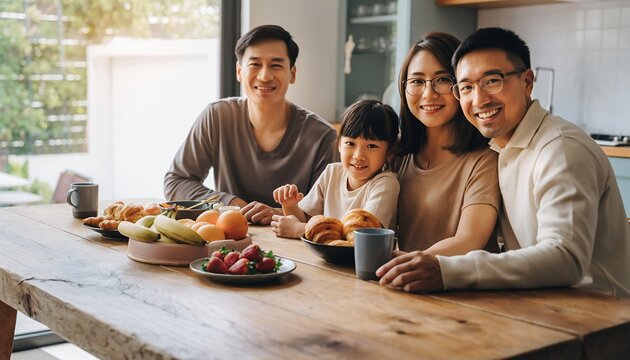 Happy Family Sitting at Kitchen Dining Table Sharing Breakfast in Bright Modern Home