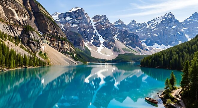 Stunning Turquoise Lake Reflects Majestic Snow Capped Mountains and Lush Green Forest.