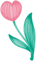 Hand-Drawn Heart-Shaped Tulip and Leaf Illustration Element