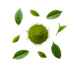 green tea alongside green tea leaves, with water droplets, set against a white background.