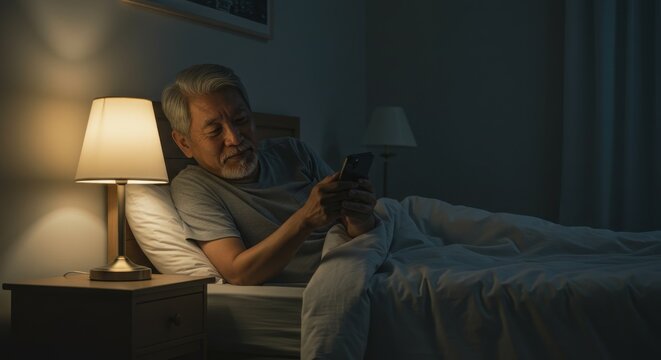 Elderly Man Reading in Bed at Night.