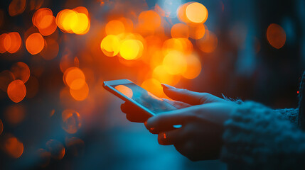 Woman using smartphone at night with bokeh lights in background for modern communication