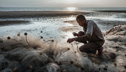 Man Kneeling on Beach Repairing Fishing Net During Sunset
