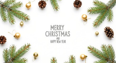 Festive christmas wreath with pine cones and golden baubles on a white background with merry christmas text