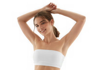 Young woman with smooth skin posing with arms raised smiling beautifully for beauty and wellness photography