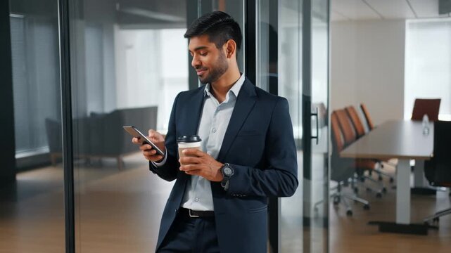 A businessman leans against glass wall, holding coffee and smartphone Stock Video