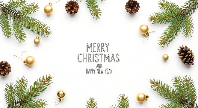 Festive christmas wreath with pine cones and golden baubles on a white background with merry christmas text