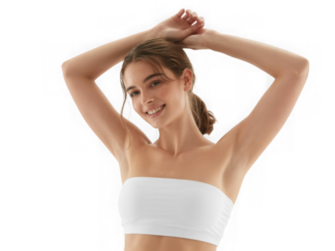 Young woman with smooth skin posing with arms raised smiling beautifully for beauty and wellness photography