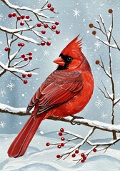 Vibrant Red Cardinal Perched on a Snowy Branch Amidst Winter Berries and Falling Snow.