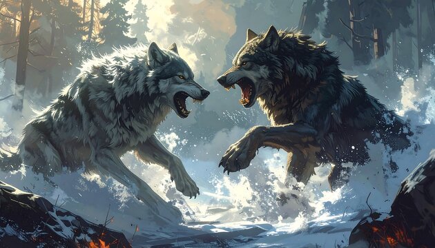 Digital painting shows two snarling wolves in a snowy forest, mid-battle, paws raised, surrounded by splashes of water and ice
