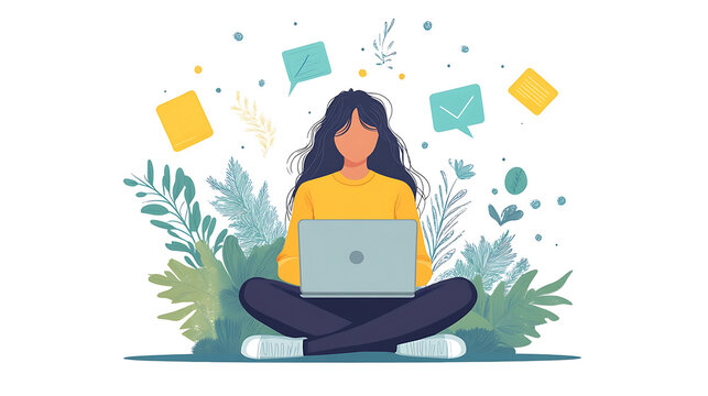 Woman working remotely on laptop with digital communication and surrounded by plants illustration