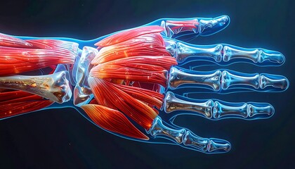 Digitized depiction showcasing the human hand's intricate anatomy, revealing muscles and skeletal structure with vibrant detail