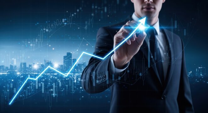 Businessman Drawing Ascending Arrow on Stock Market Chart with Cityscape