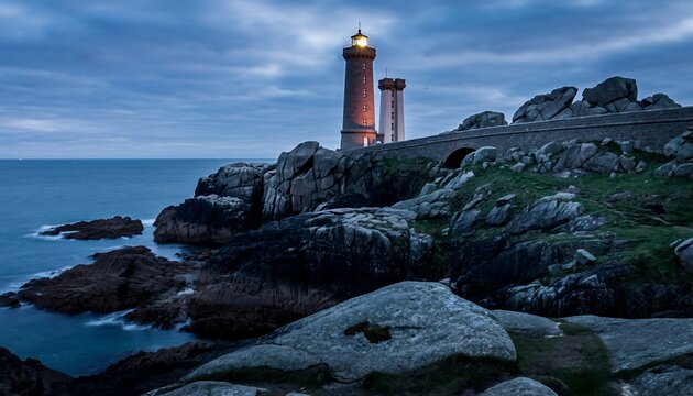 Lighthouse on Rocky Coastline During Cloudy Evening with Ocean View