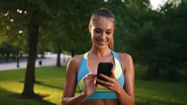 A woman in fitness outfit checking her mobile phone in park. The setting sun casts a warm glow, creating a serene and pleasant atmosphere Stock Video - Powered by Adobe