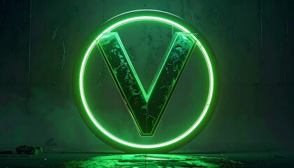 Illuminated emblem of a letter "V" enclosed in a circular neon glow against a dark, textured background, suggesting an industrial or futuristic aesthetic