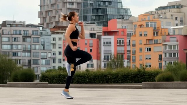 A woman performing high knees exercise in an urban outdoor setting. The image portrays fitness and activity in an urban landscape Stock Video