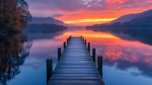 Wooden pier leading to still lake reflecting dramatic sunset with mountains and trees in background