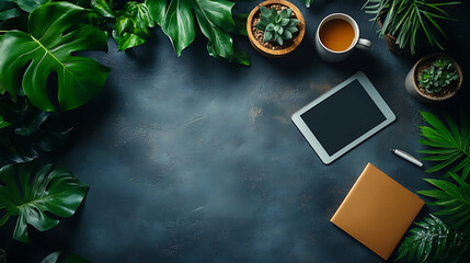 Workspace with tablet plants coffee and notebook on dark stone background for creative design