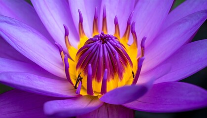 Macro shot of a vibrant purple and yellow aquatic flower, showcasing intricate petal details and central structure