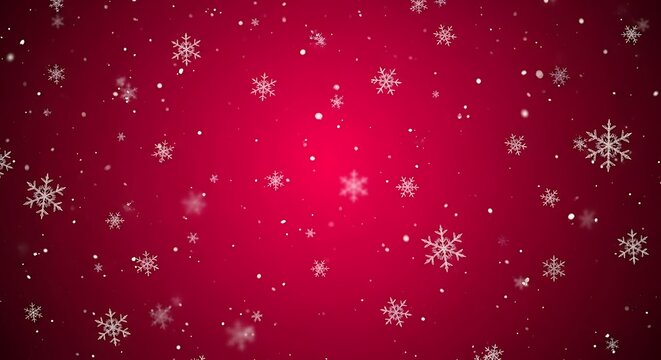 Falling snowflakes on a vibrant red background creating a festive and magical winter holiday atmosphere
