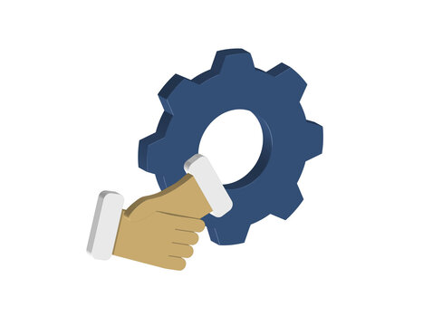 Simple 3D illustration of a gear icon with a pair of hands clasping together