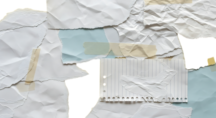 Abstract background of torn and crumpled paper scraps with subtle color hints