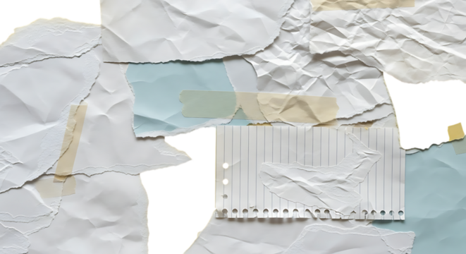 Abstract background of torn and crumpled paper scraps with subtle color hints