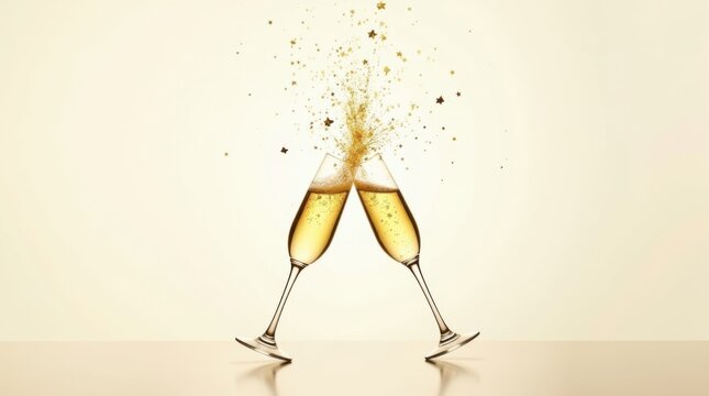 Festive champagne toast, golden confetti, elegant celebration
