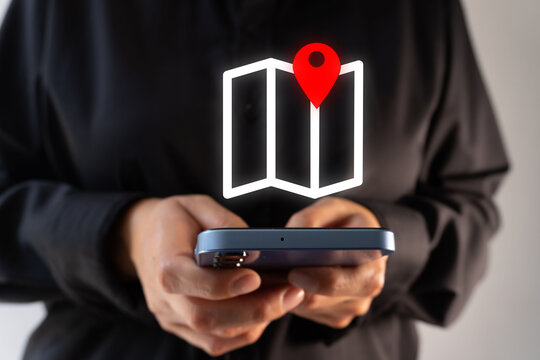 Geolocation app. A businesswoman with a smartphone and a map icon with a pin.