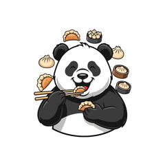 Cartoon panda eating dumplings with chopsticks, surrounded by more dumplings.