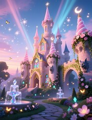 Magical Pink Princess Castle with Glowing Fountains