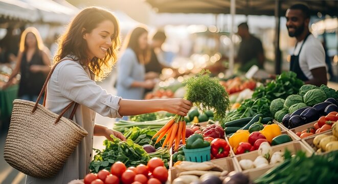 Woman selecting fresh carrots and produce at a vibrant outdoor market