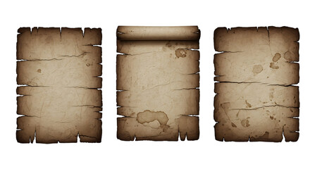 Three old parchment scrolls with aged texture and dark edges on black background