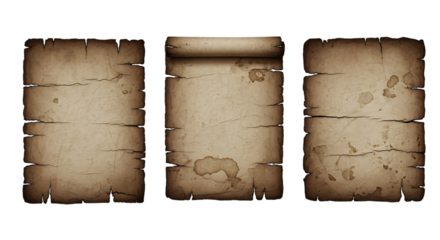 Three old parchment scrolls with aged texture and dark edges on black background