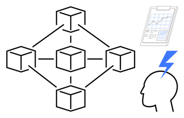 Obraz premium Blockchain cubes connected to depict decentralized systems, alongside analytics chart and lightning-struck head symbolizing data-driven innovation. Ideal for blockchain, tech, creativity, analysis