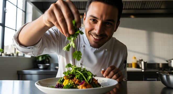 Smiling Chef Garnishing a Gourmet Dish with Fresh Herbs - Powered by Adobe