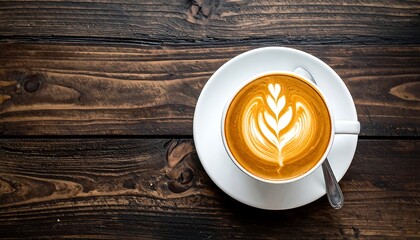 Overhead shot reveals a white teacup with latte art on a saucer and spoon, atop a textured wooden surface