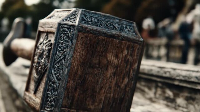 Close up of a carved wooden hammer with metal details fantasy concept