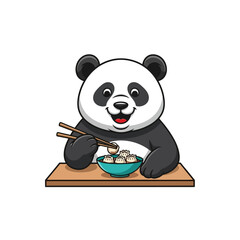 Cartoon panda enjoying a meal of dumplings, using chopsticks to eat from a bowl.