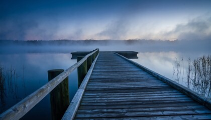 Serene Wooden Dock Extending Over Calm Misty Lake at Dawn in Tranquil Natural Setting