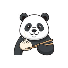 A cute cartoon panda bear happily holding a steamed dumpling with chopsticks, isolated on a white background.