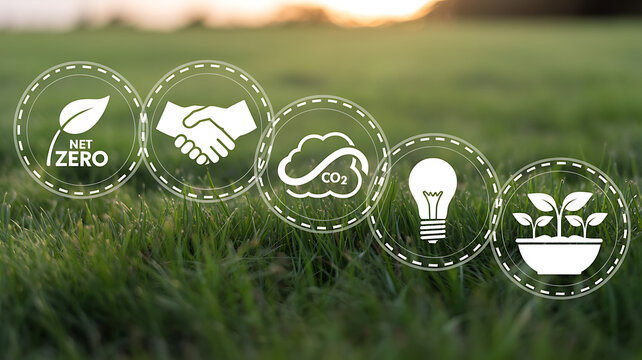 Net zero carbon emission concept with icons for sustainability and environmental protection