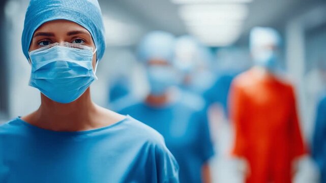 Healthcare in Focus: A dedicated medical professional, masked and capped, stands confidently in the foreground, ready to offer care. Capturing the essence of commitment, competence.
