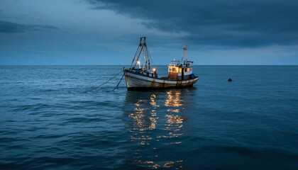 Fishing Boat Sailing on Calm Ocean Under Cloudy Sky at Dusk