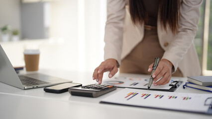 Asian adult business person calculating financial data analyzing market reports planning strategy...